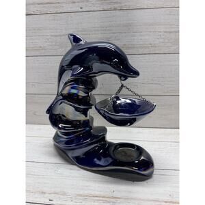 Vtg 9" Cobalt Blue Porcelain DOLPHIN Tea Light Tart/Oil Warmer by MAREX Poland